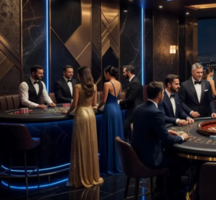 Ατμοσφαιρικό Casino Night setup στην Αθήνα με τραπέζια πόκερ και ρουλέτας