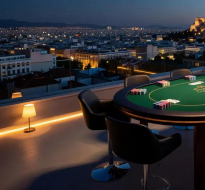 Mobile Poker setup σε rooftop με θέα την Αθήνα