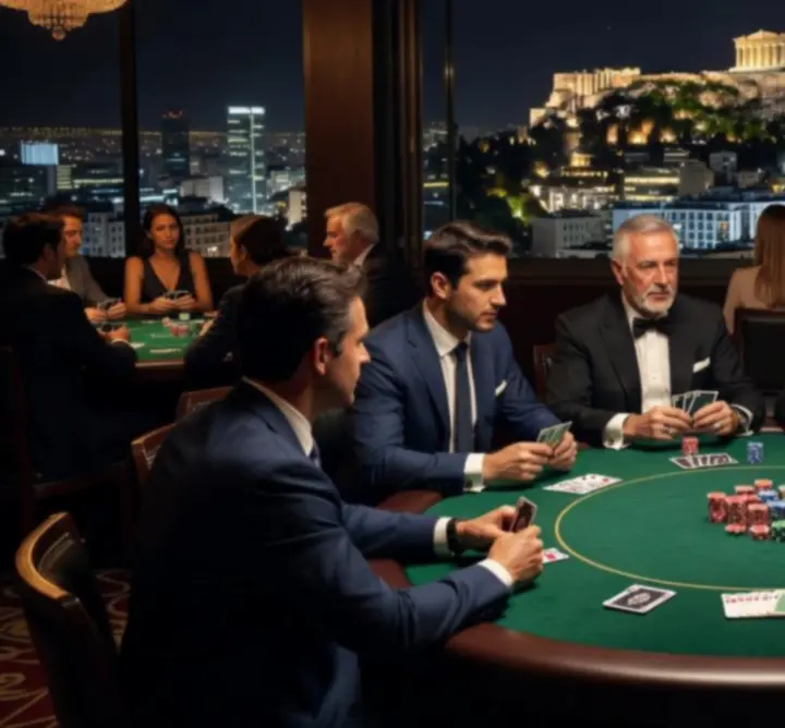 Premium Poker Night setup στην Αθήνα με επαγγελματικά τραπέζια και casino-style φωτισμό